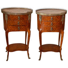 Pair of transitional style inlay side tables with marble top