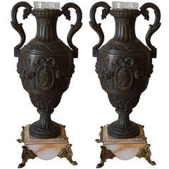 Antique Pair of Louis XVI Style Gilded Metal Urns