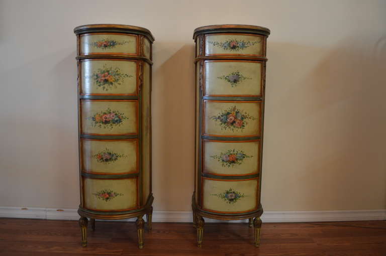 Louis XVI style hand painted lingerie chests. There are five drawers,the top one smaller and four others larger.The chests are beautifully hand painted with a variety of floral design. There are some gilding accent throughout.