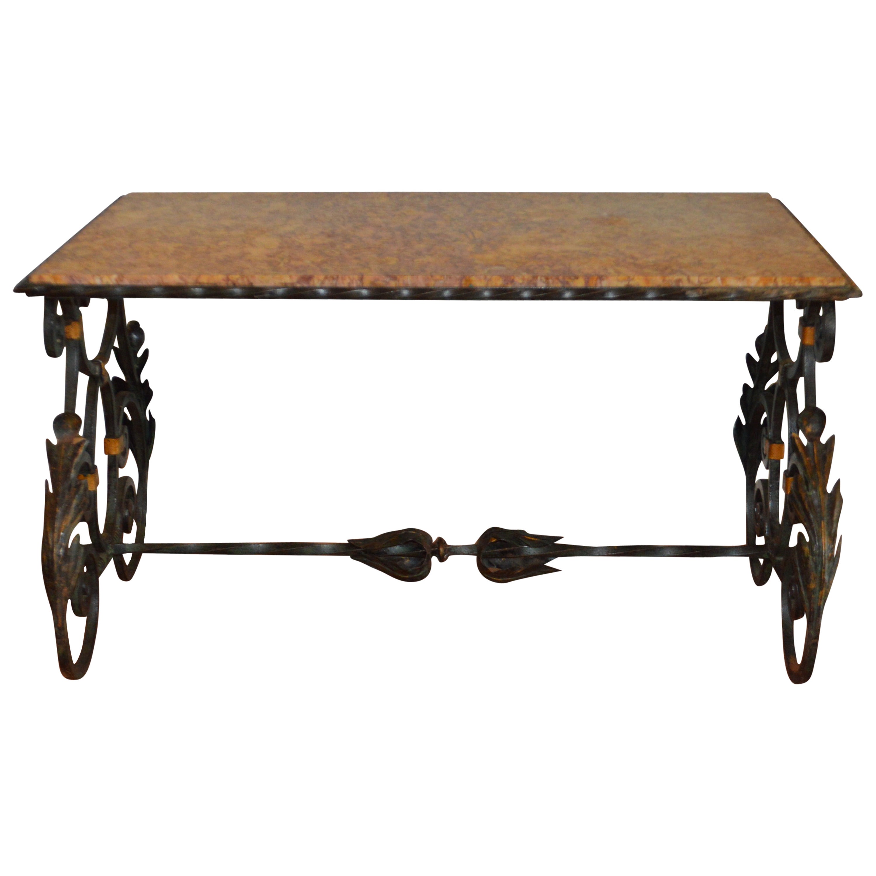 Belle Epoque wrought iron coffee table with marble top.
