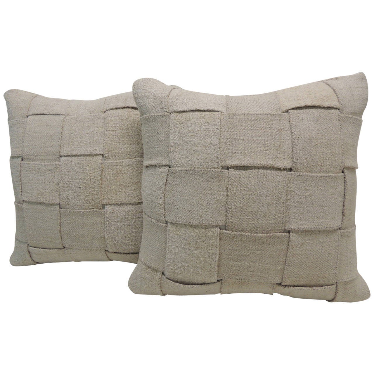 Pair of French Linen BasketWeaved Pillows 1 at 1stdibs