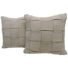 Antique Pair of French Linen Basket-Weaved Pillows #1
