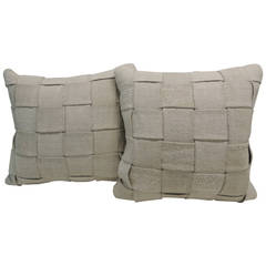 Antique Pair of French Linen Basket-Weaved Pillows #2