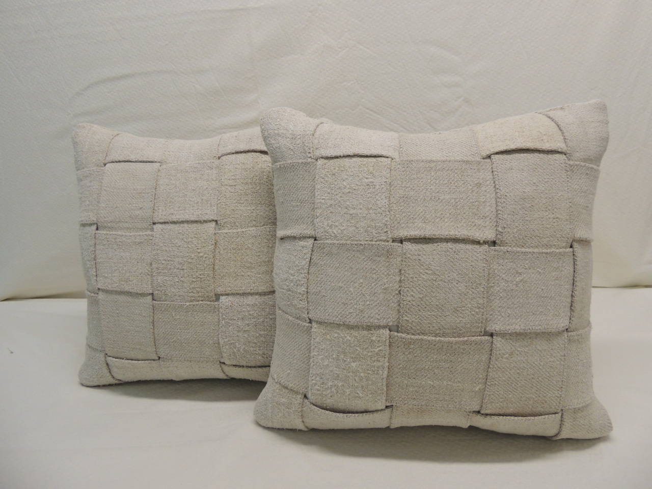 Pair of French Linen Basket-Weaved Pillows #1