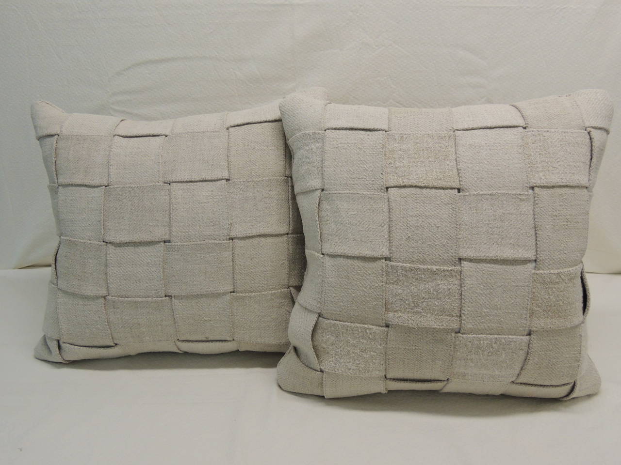 Pair of French Linen Basket-Weaved Pillows #2