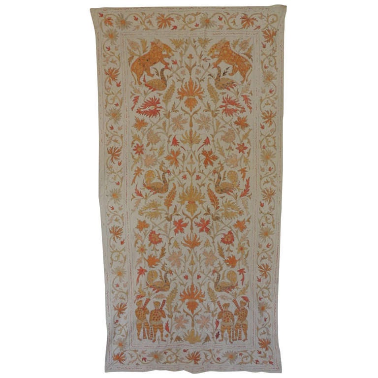 Vintage Orange Embroidered CrewelWork Wall Hanging. at 1stdibs
