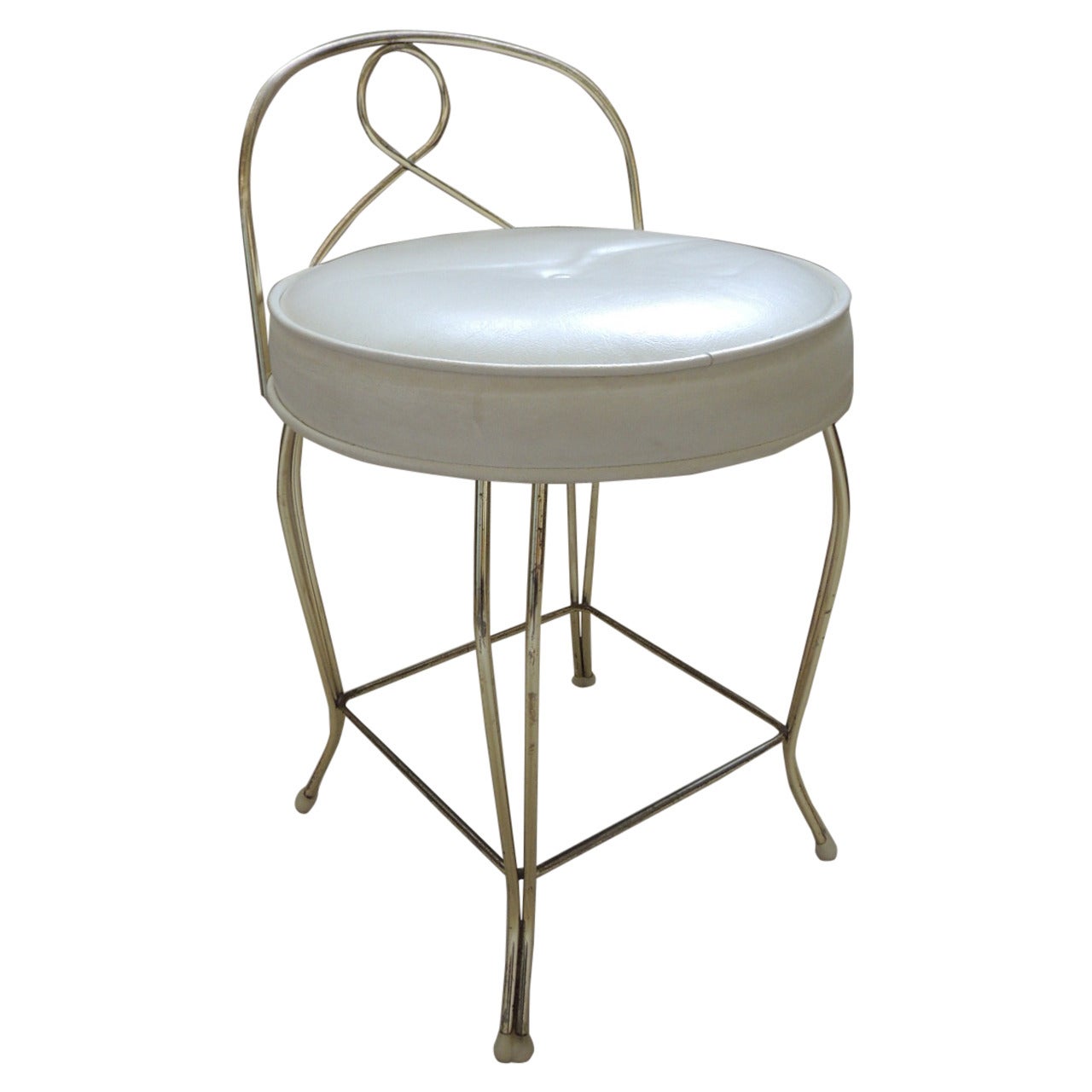 Vintage Round Brass Art Deco Vanity Stool with Upholstered Seat