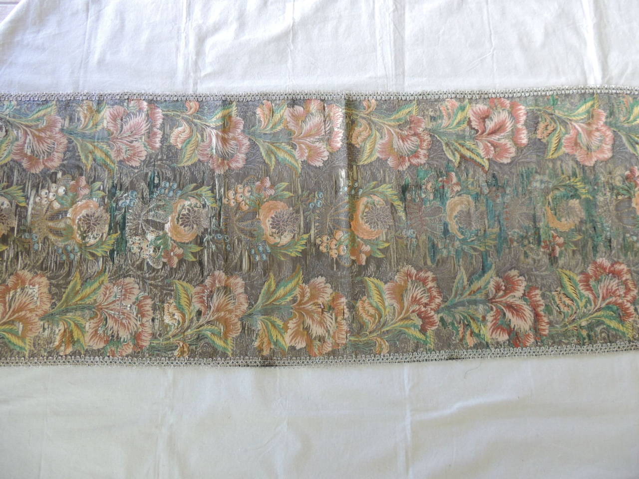 Hand-Crafted 18th Century Green and Orange Woven French Silk Brocade Table Runner