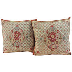 Vintage Pair of Printed Kilim Bright Color Pattern Decorative Pillows