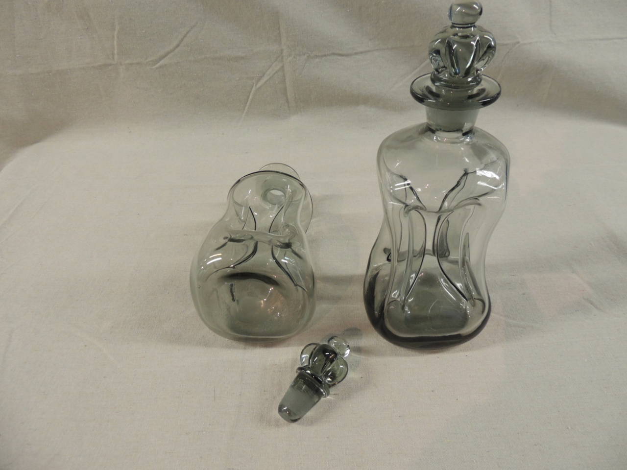 Art Deco Pair of Pinched Vintage Holmegaard Deco Decanters