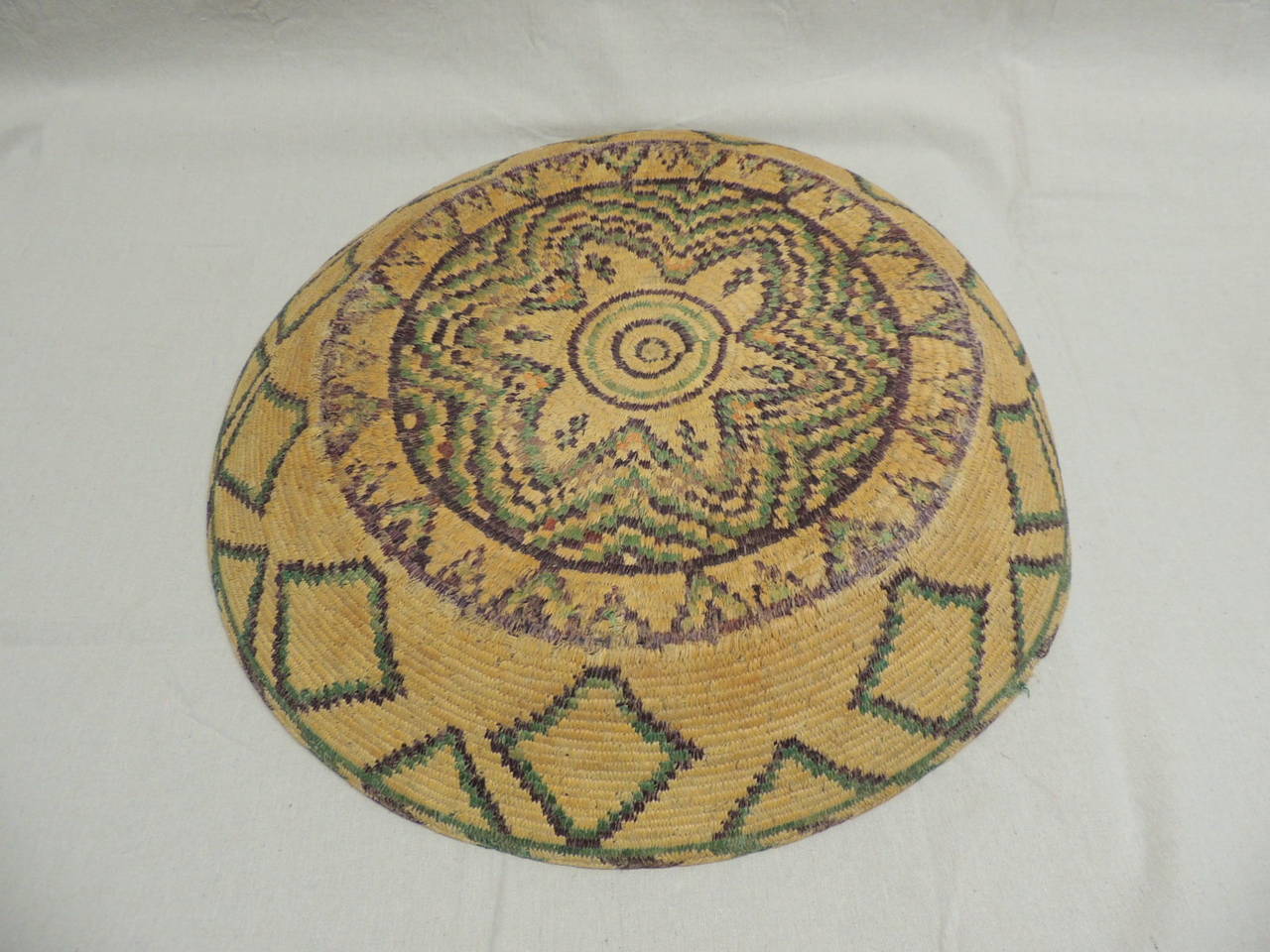 Hand-Woven Large Round Artisanal Basket with Geometric Tribal Design