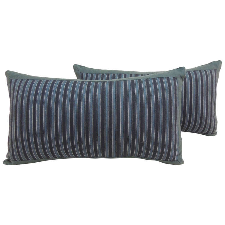 Pair of Vintage Indigo Japanese Stripe Lumbar Pillows. at 1stdibs