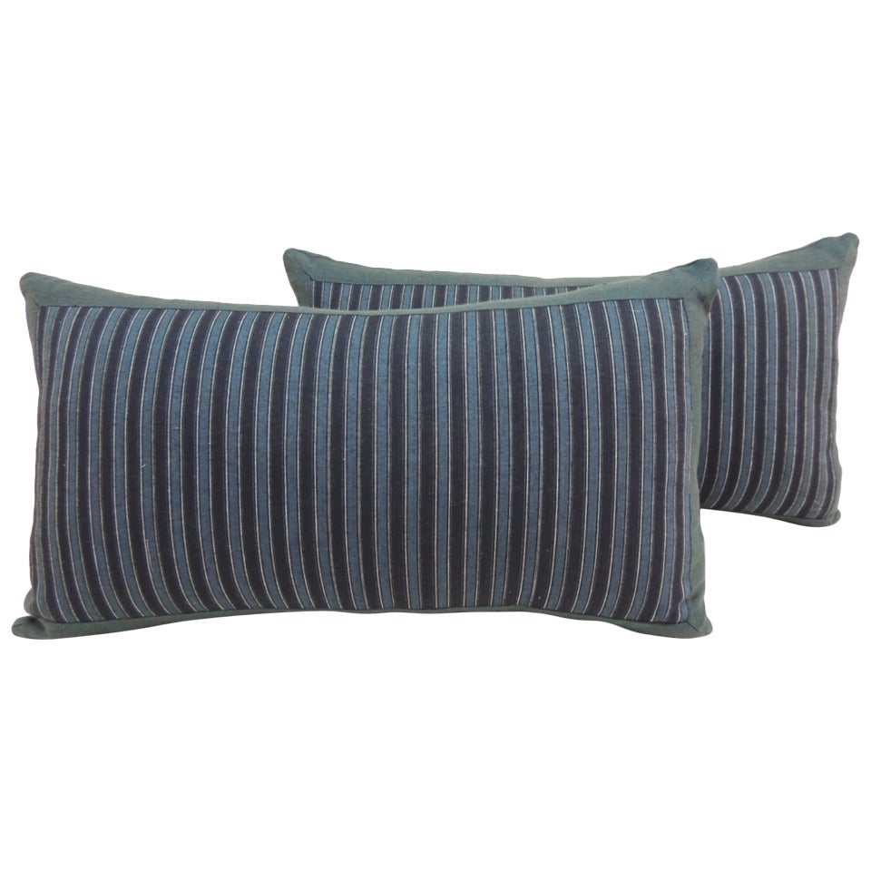 Pair of Vintage Indigo Japanese Stripe Lumbar Pillows. For Sale