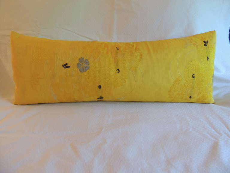 Vintage 1940's Japanese acid yellow silk embroidery Obi bolster pillow with silk backing.