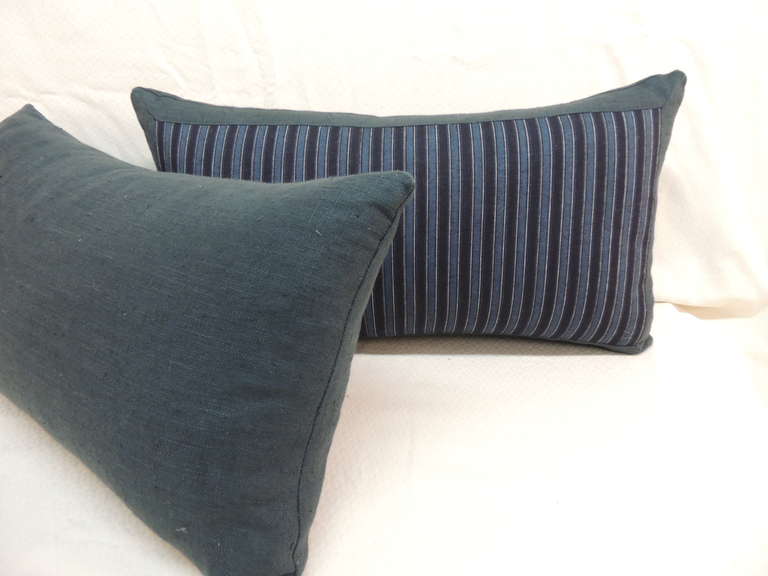 Mid-20th Century Pair of Vintage Indigo Japanese Stripe Lumbar Pillows. For Sale