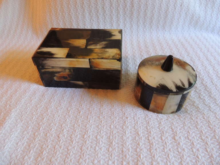 Two buffalo horn boxes, cedar lining on square, black suede on round. Hand crafted.
Square size: 7