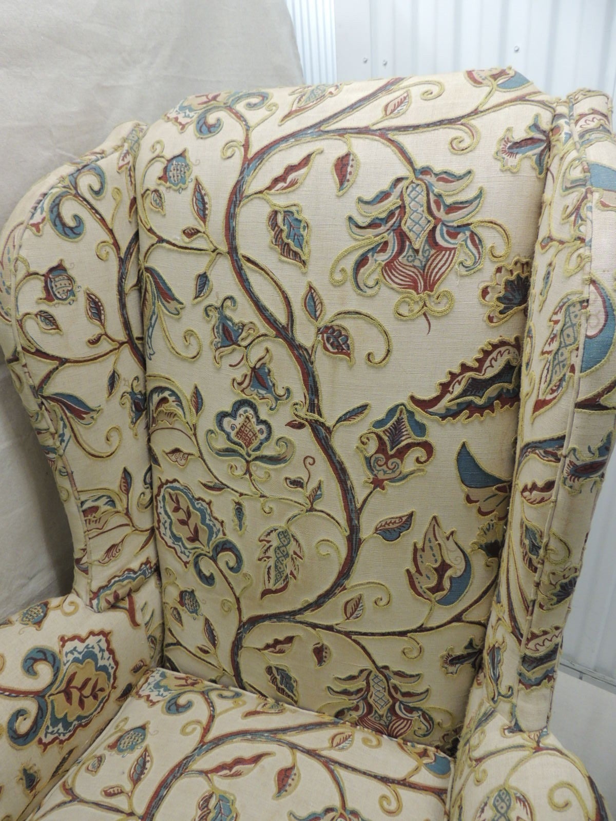 European Wing Chair Upholstered in Crewel Work Embroidery 