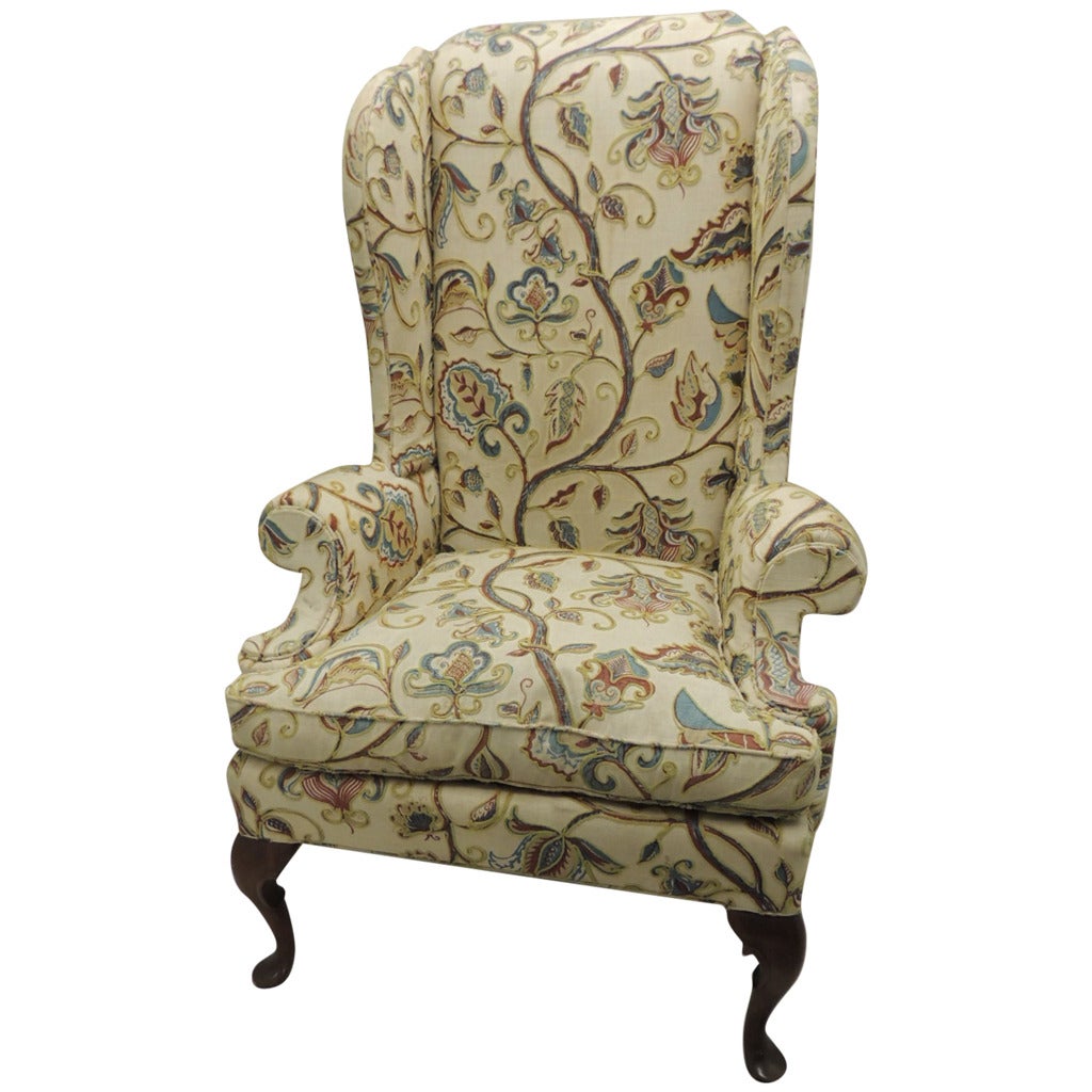 Wing Chair Upholstered in Crewel Work Embroidery at 1stdibs