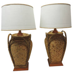 Pair of Tall Vintage Rattan Lamps