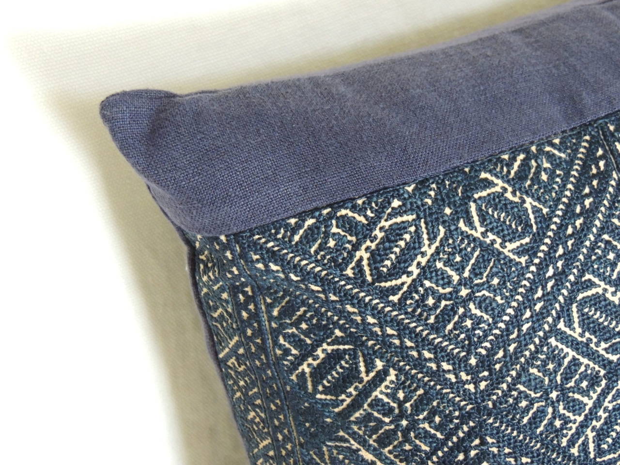 Large indigo Fez embroidery pillow with navy blue linen frame and backing. Tribal design.