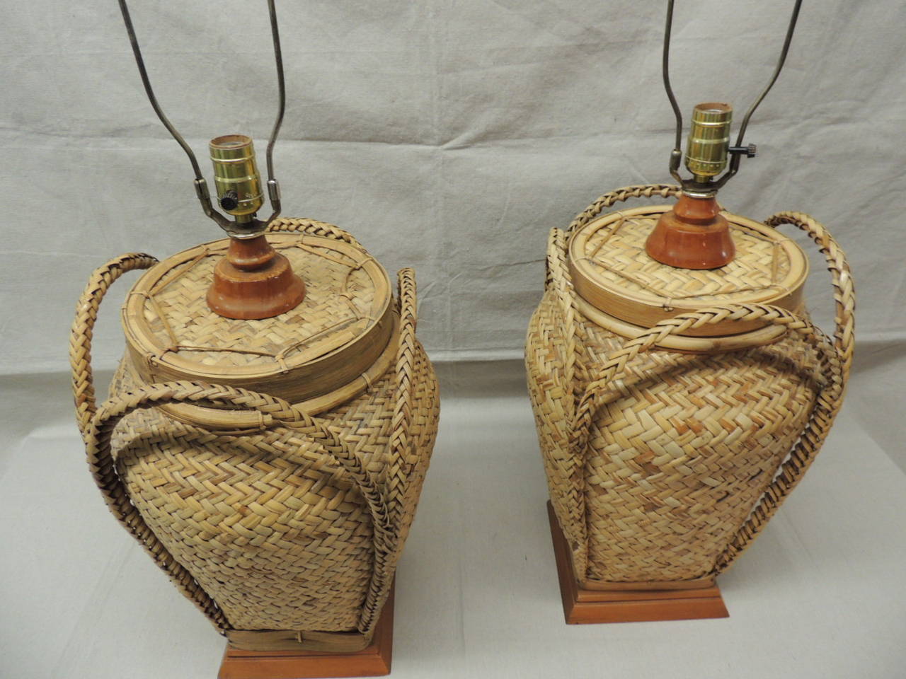 British Colonial Pair of Tall Vintage Rattan Lamps