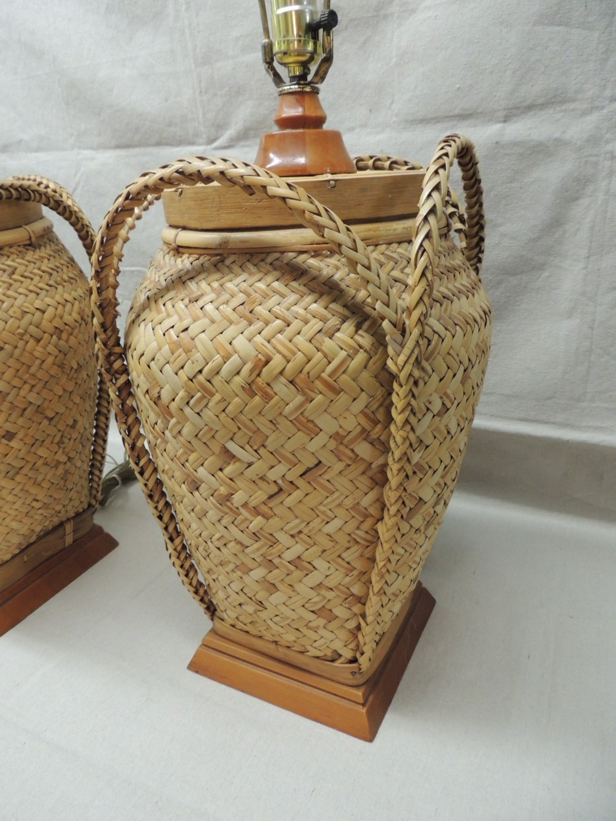 Javanese Pair of Tall Vintage Rattan Lamps