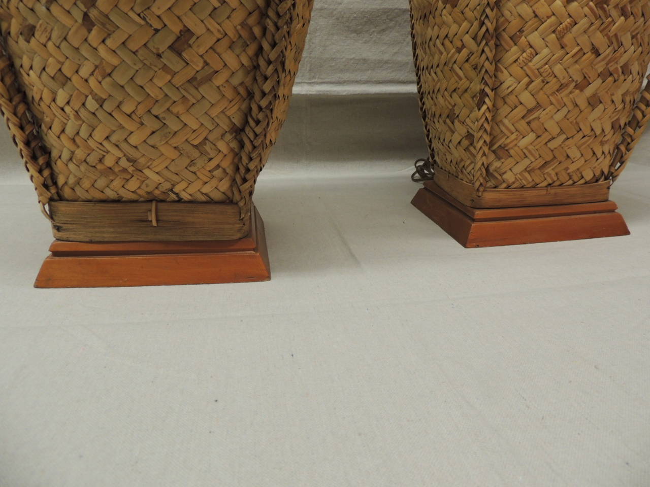 Hand-Crafted Pair of Tall Vintage Rattan Lamps