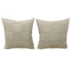 Antique Pair of French Linen Basket-Weaved Pillows, No. 1