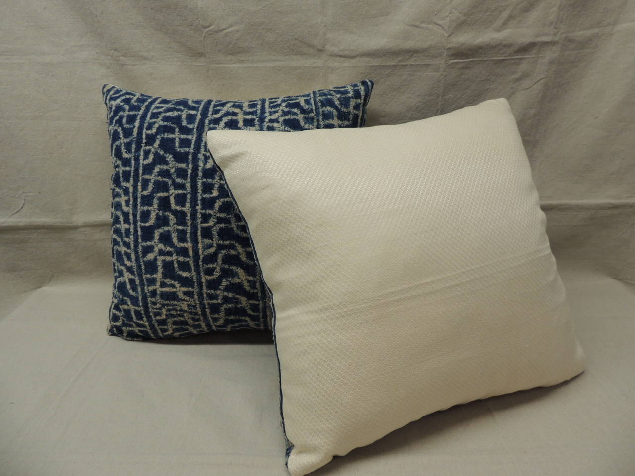 Hand-Crafted Pair of African Blue and Natural Pillows