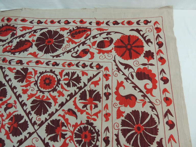 Vintage Embroidery Deep Orange and Brown Floral Suzani Large Textile In Good Condition In Oakland Park, FL