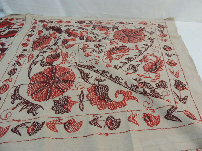 Mid-20th Century Vintage Embroidery Deep Orange and Brown Floral Suzani Large Textile