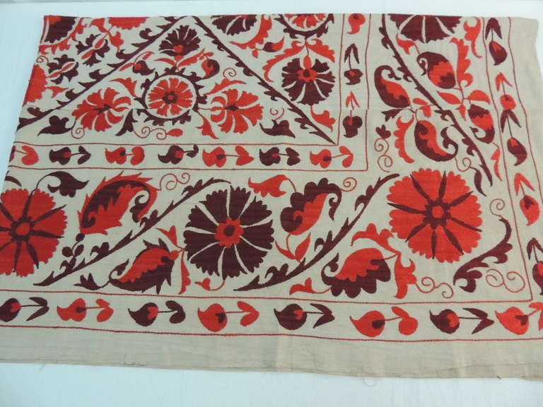 Silk Vintage Embroidery Deep Orange and Brown Floral Suzani Large Textile