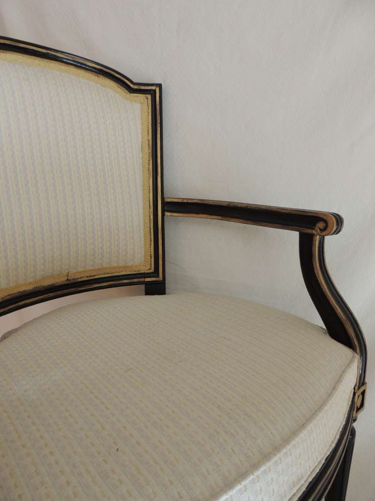Pair of Ebonized and Guild Upholstered Arm Chairs In Excellent Condition In Oakland Park, FL