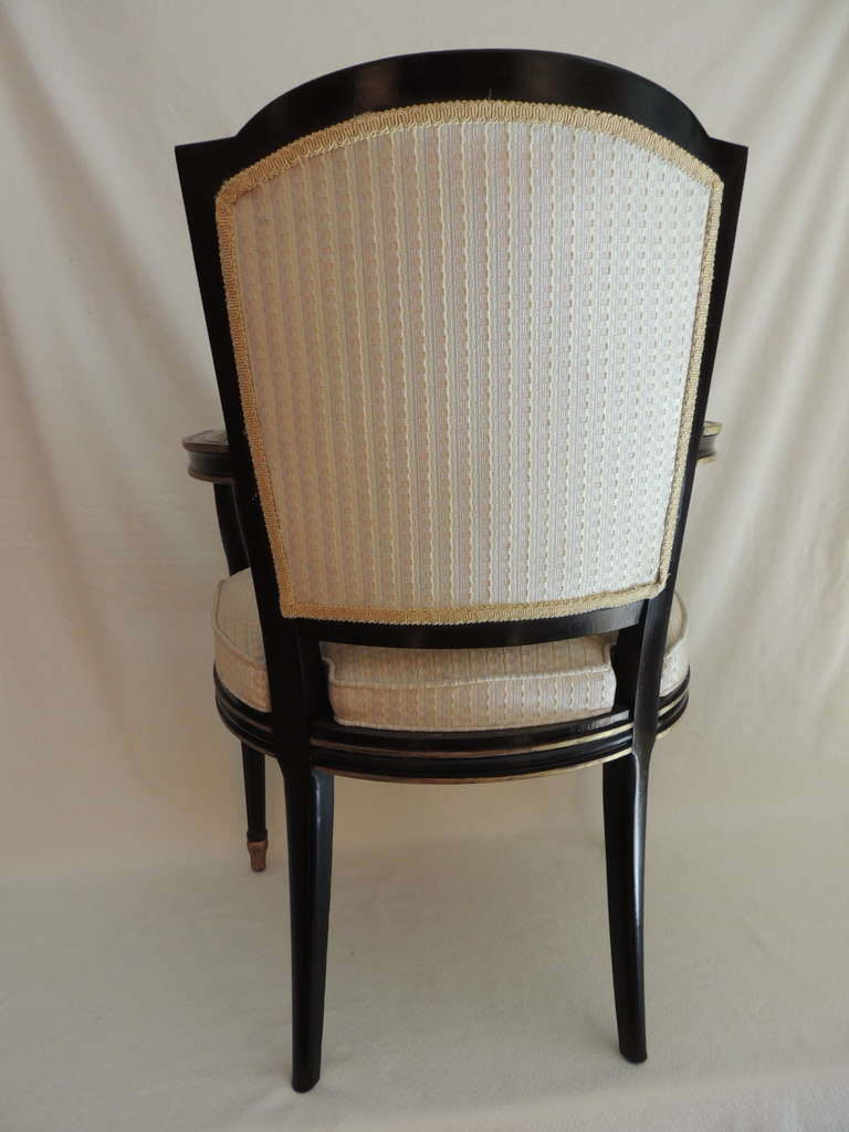 Hand-Crafted Pair of Ebonized and Guild Upholstered Arm Chairs