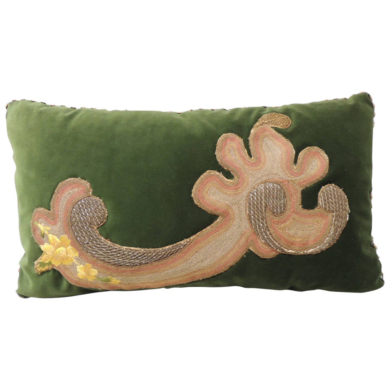 Green Silk Velvet Petite Applique Lumbar Pillow. at 1stdibs