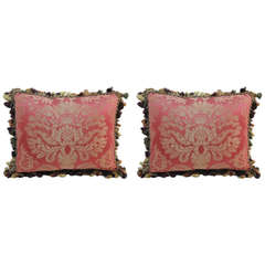 Pair of Red and Gold Damask Pillows with Fringe Trim
