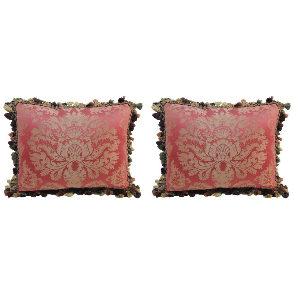 Pair of Red and Gold Damask Pillows with Fringe Trim