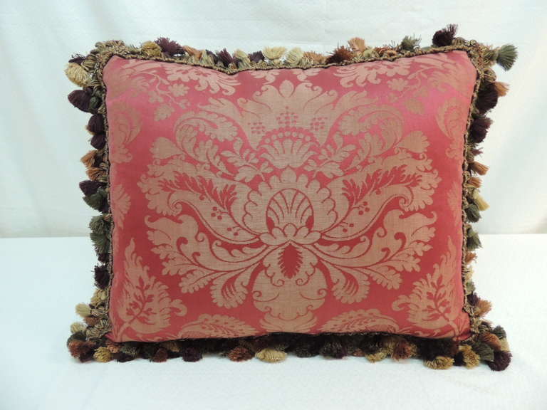 Pair of large red silk antique Italian damask pillows with vintage tassels trims and red vintage silk backing.