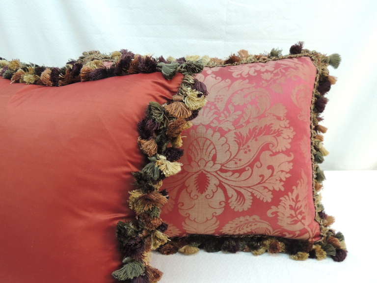 Italian Pair of Red and Gold Damask Pillows with Fringe Trim