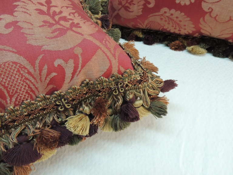 Regency Revival Pair of Red and Gold Damask Pillows with Fringe Trim