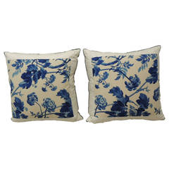 Vintage Pair of Blue and White Glazed Chintz Floral Pillows