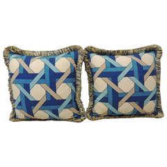 Vintage Pair of Barkcloth Blue and Cream Trellis Pattern Pillows with Fringe