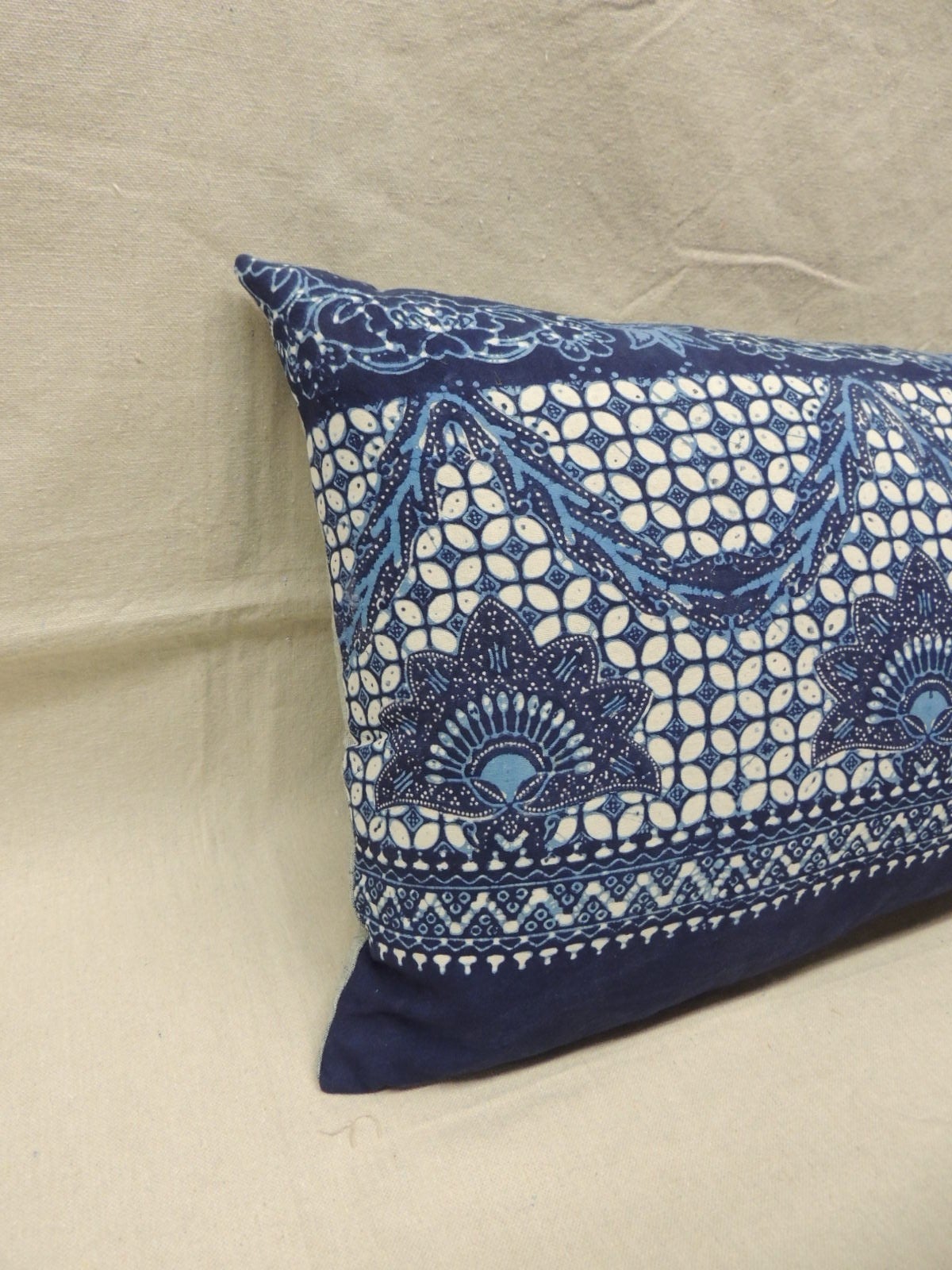 Blue and White Indian Batik Bolster Pillow at 1stdibs