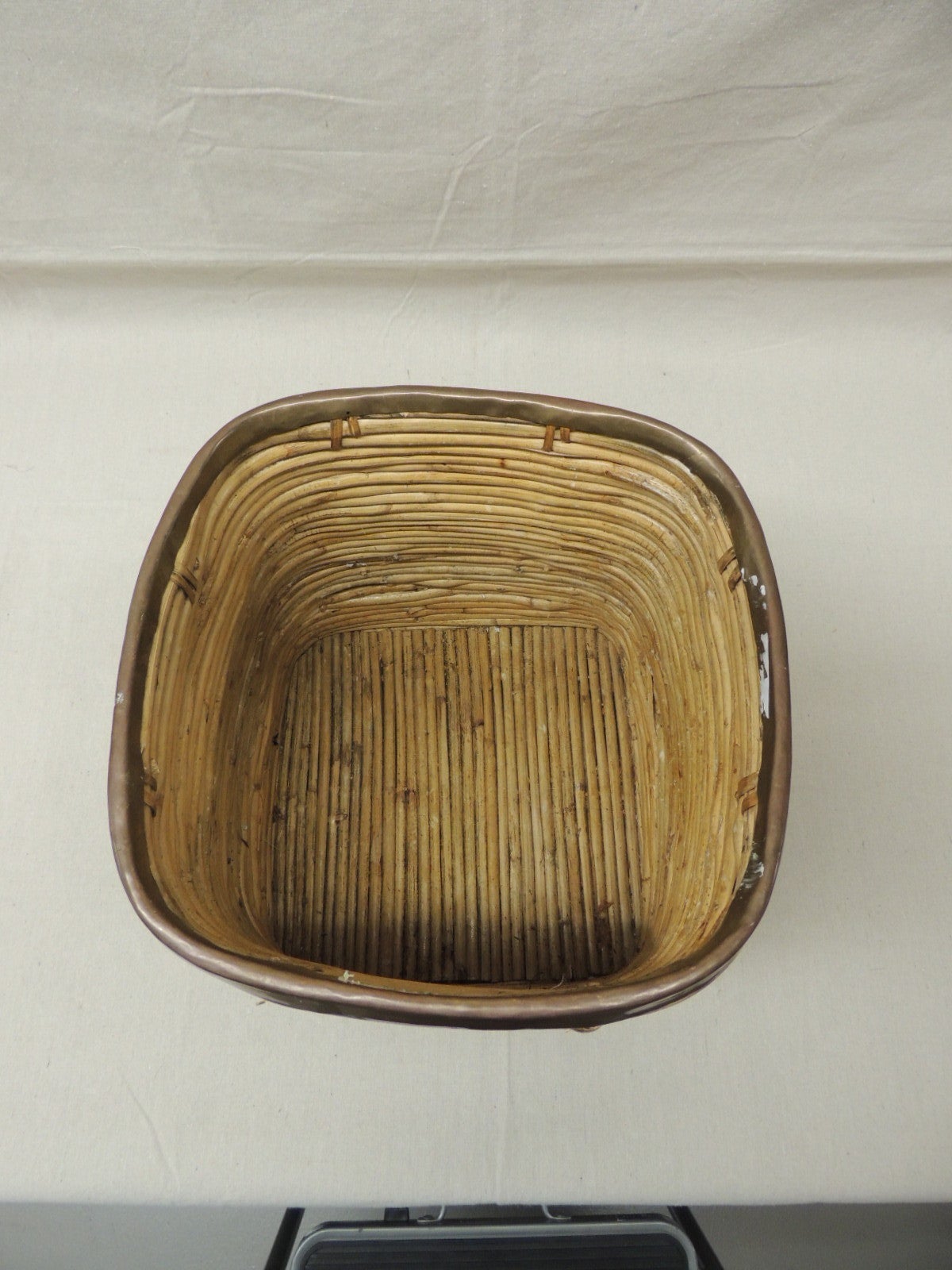 Mid-Century Modern Vintage Bamboo Basket with Brass Rim