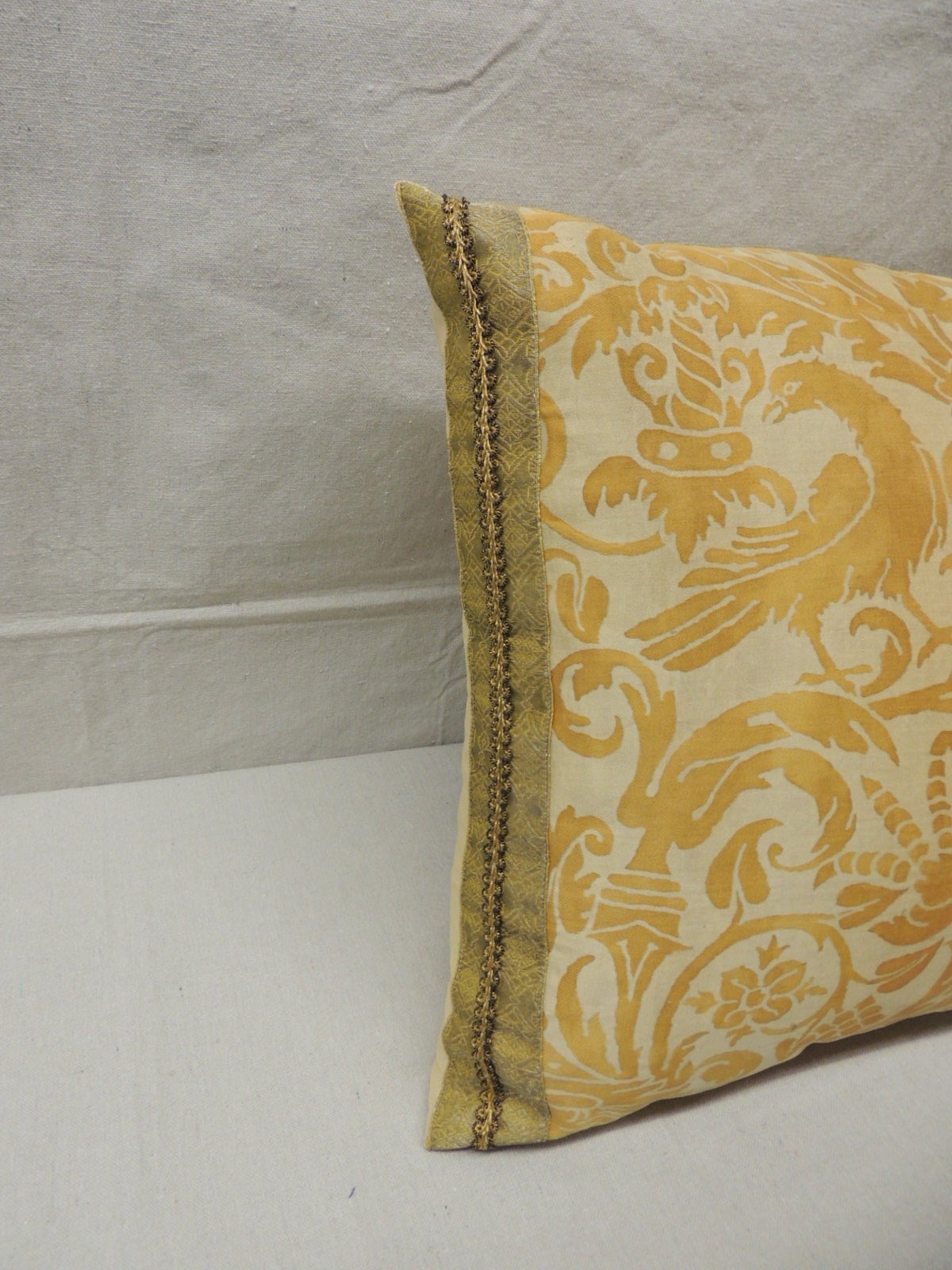 Vintage Yellow Fortuny Uccelli Bolster Throw Pillow For Sale at 1stdibs