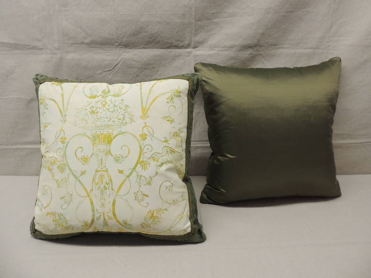 Hand-Crafted Pair of Verdigris Fortuny Style Floral Decorative Pillows