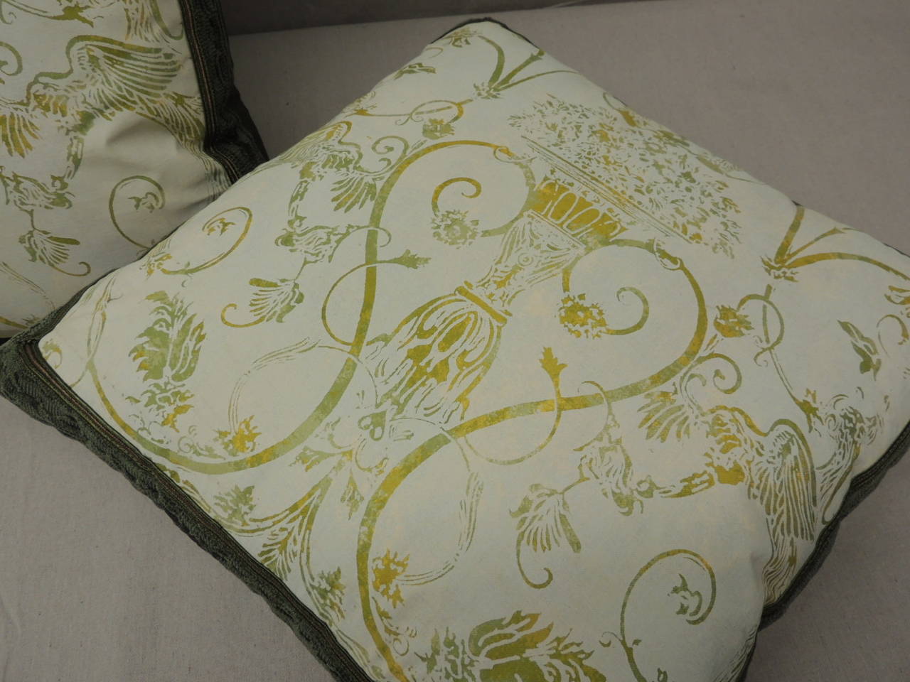 Pair of Verdigris Fortuny Style Floral Decorative Pillows In Excellent Condition In Oakland Park, FL