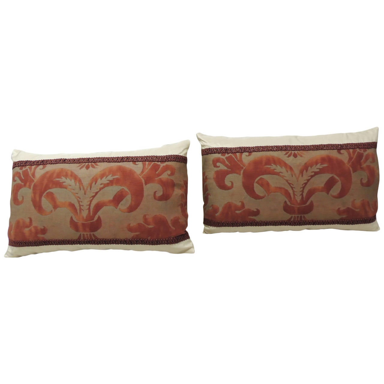 Pair of Fortuny Red Bolster Decorative Pillows For Sale at 1stdibs