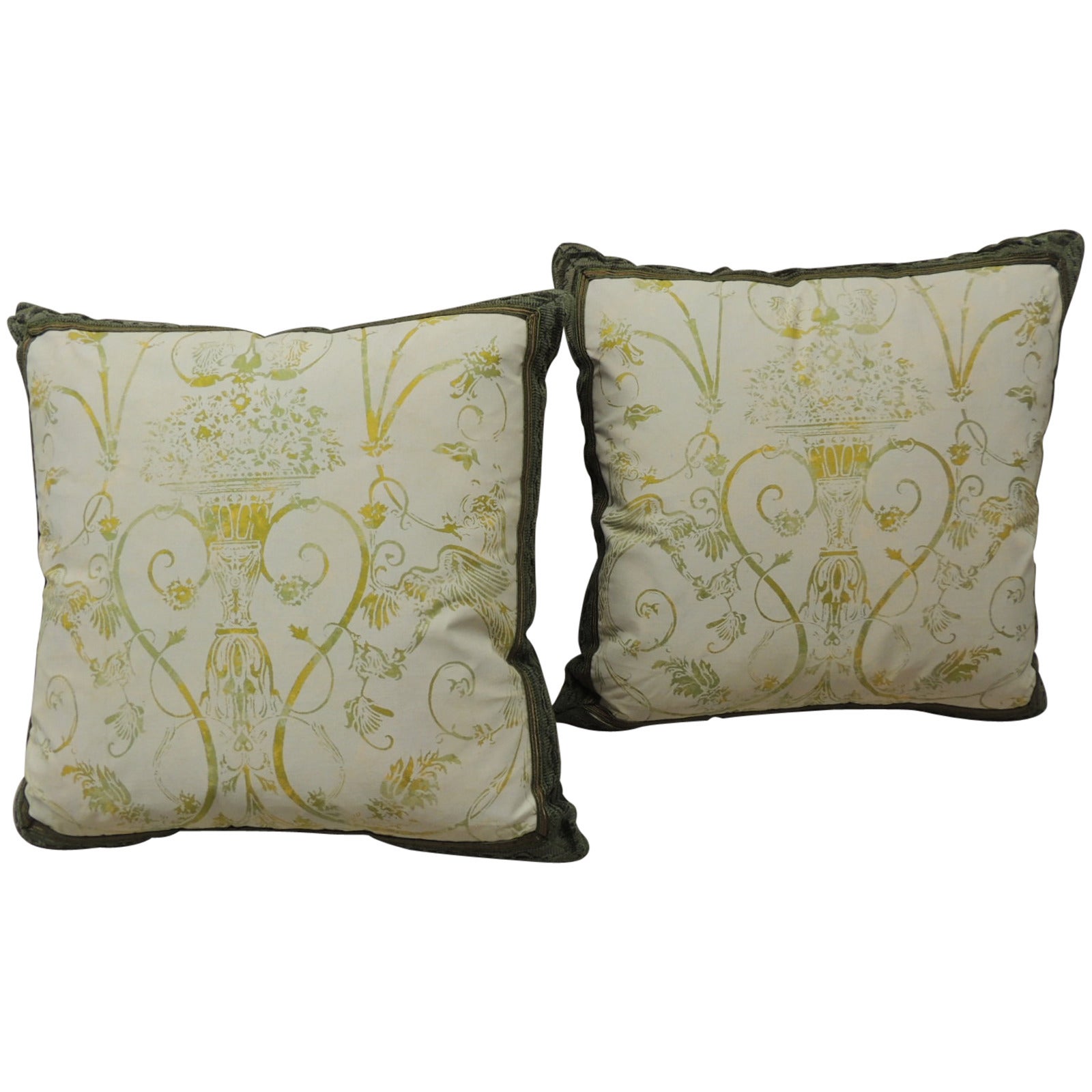Pair of Verdigris Fortuny Style Floral Decorative Pillows
