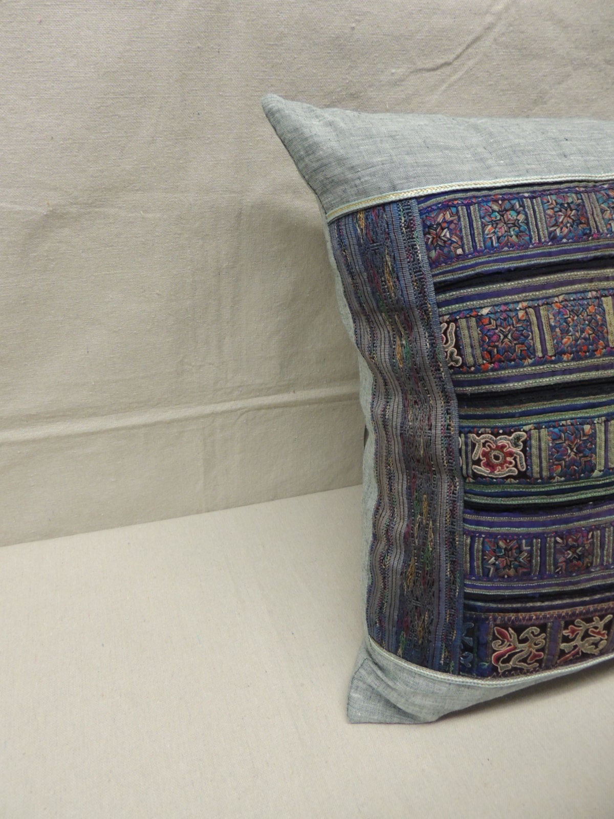 Tribal Vintage Silk Stripe Embroidery Miao Blue Decorative Pillow